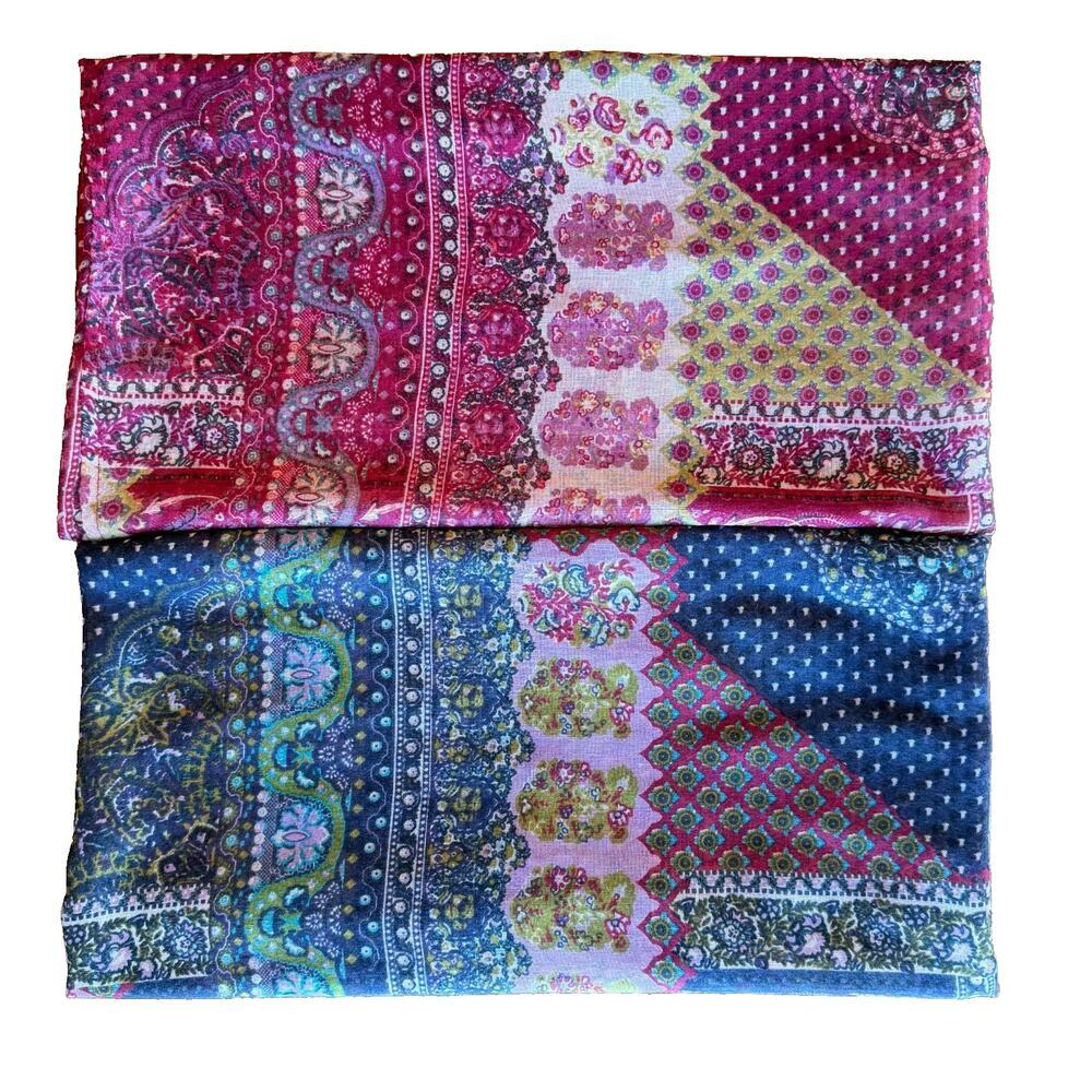J Jill Infinity Scarf LOT (2) 33"x21" Purple Blue Paisley Floral Patchwork EUC